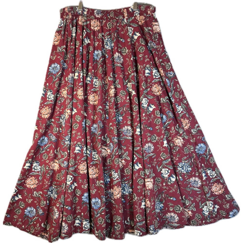 Vtg Willow Bend Maxi Skirt Women L Red Floral Pockets Made in USA Boho Western